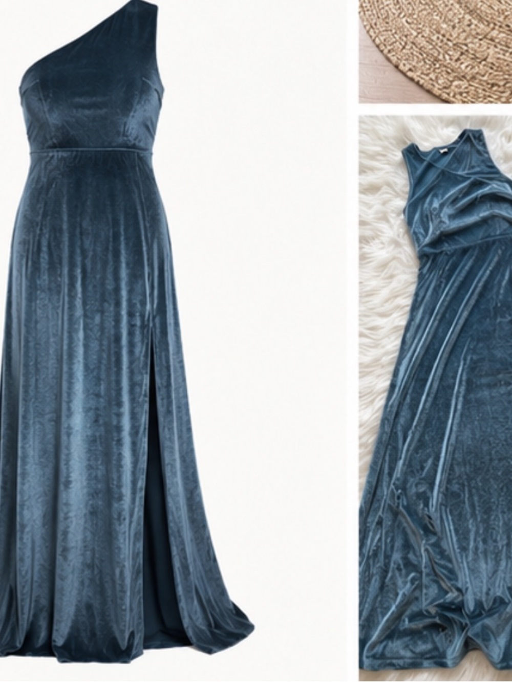 NWT Baltic Born One-Shoulder Blue Velvet Maxi Dress with Side Slit Size Small